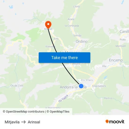 Mitjavila to Arinsal map