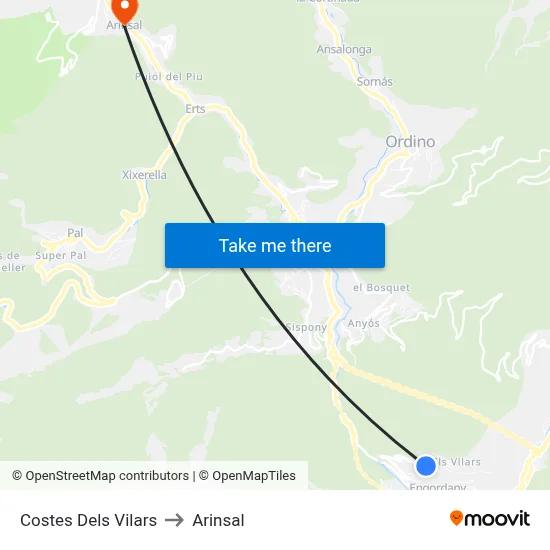 Costes Dels Vilars to Arinsal map