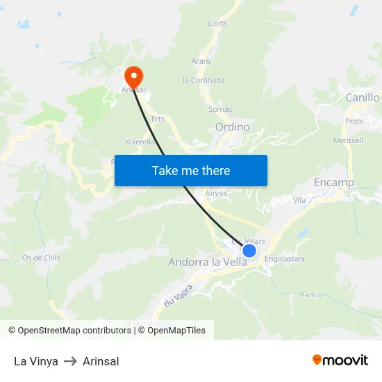 La Vinya to Arinsal map
