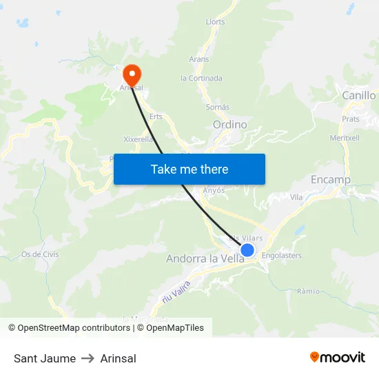 Sant Jaume to Arinsal map
