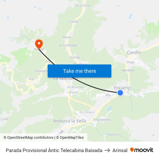Parada Provisional Àntic Telecabina Baixada to Arinsal map