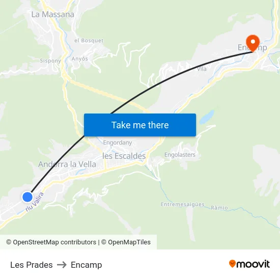 Les Prades to Encamp map