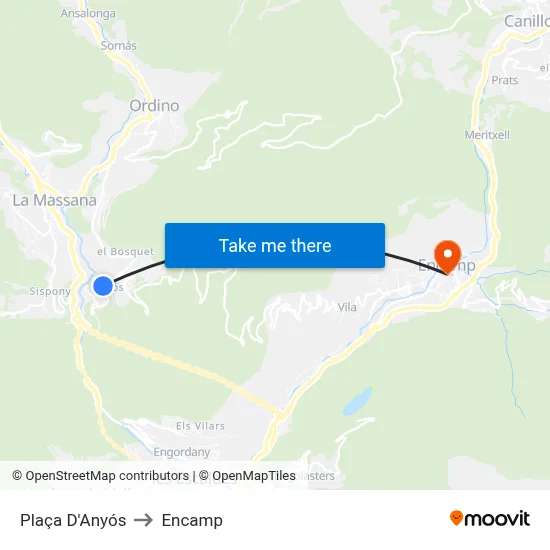 Plaça D'Anyós to Encamp map
