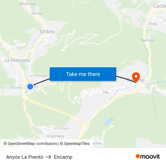 Anyós La Prentó to Encamp map