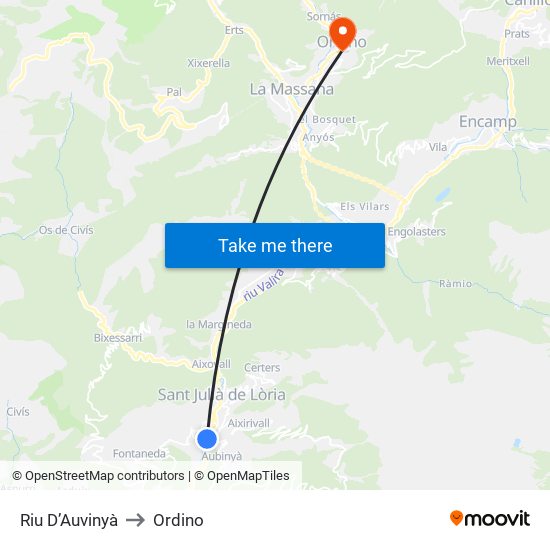 Riu D’Auvinyà to Ordino map