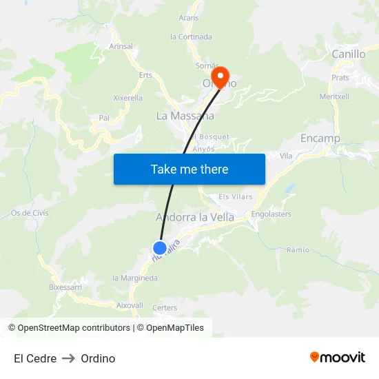 El Cedre to Ordino map