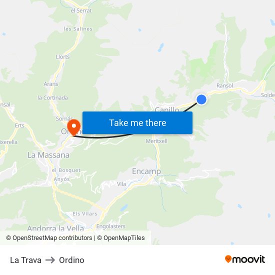 La Trava to Ordino map