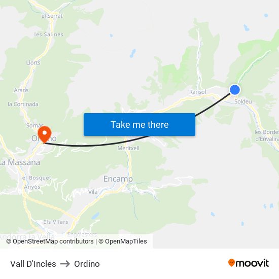 Vall D'Incles to Ordino map