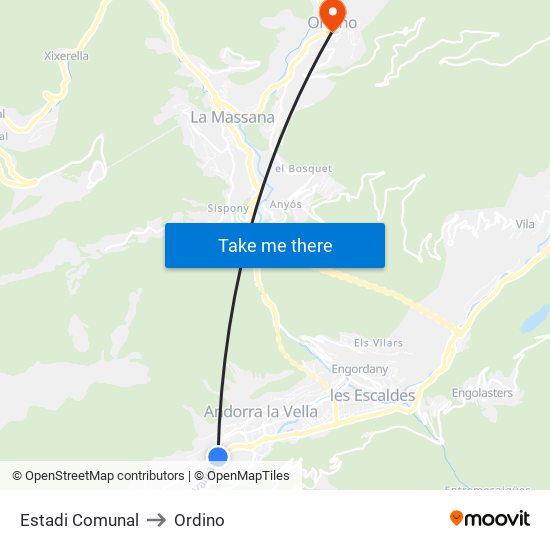 Estadi Comunal to Ordino map
