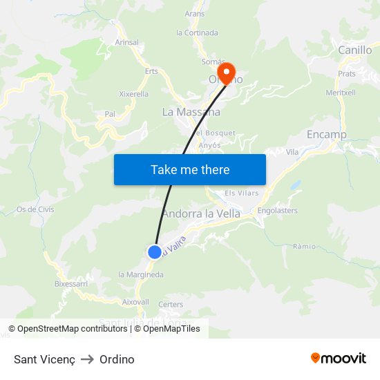 Sant Vicenç to Ordino map