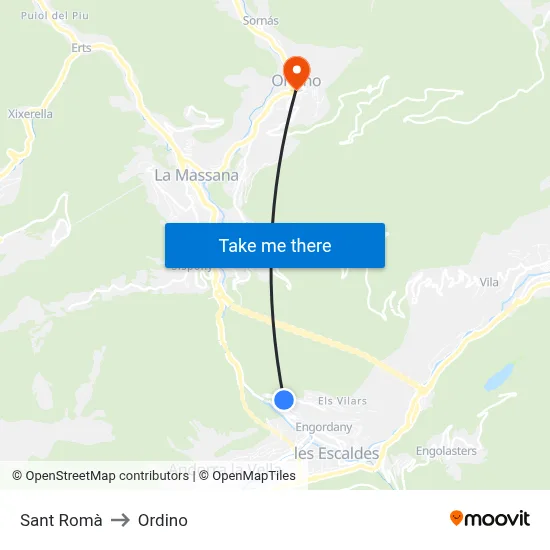 Sant Romà to Ordino map