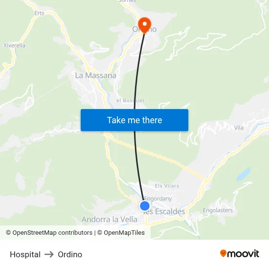 Hospital to Ordino map