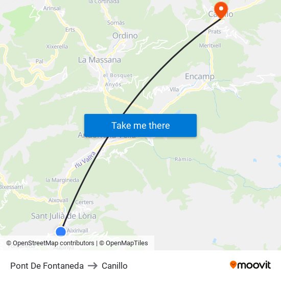 Pont De Fontaneda to Canillo map