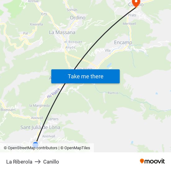 La Riberola to Canillo map