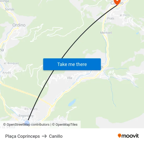 Plaça Coprínceps to Canillo map