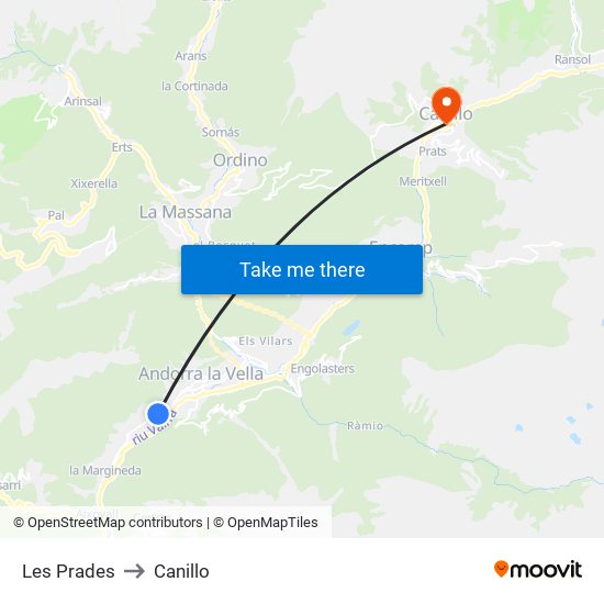 Les Prades to Canillo map