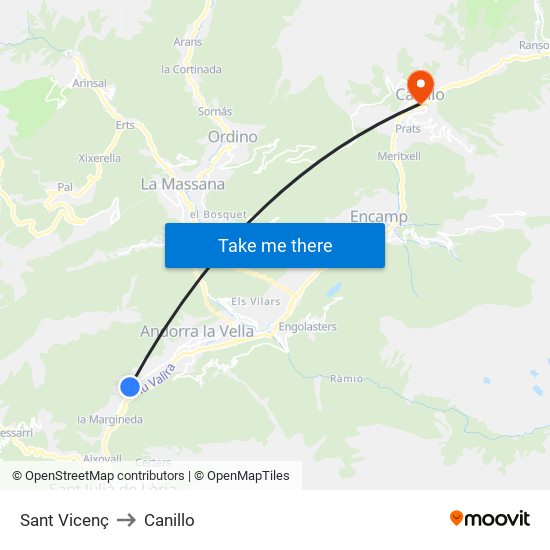 Sant Vicenç to Canillo map