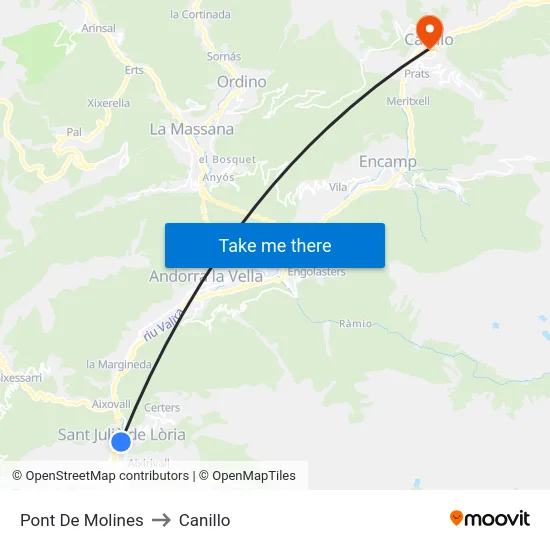 Pont De Molines to Canillo map