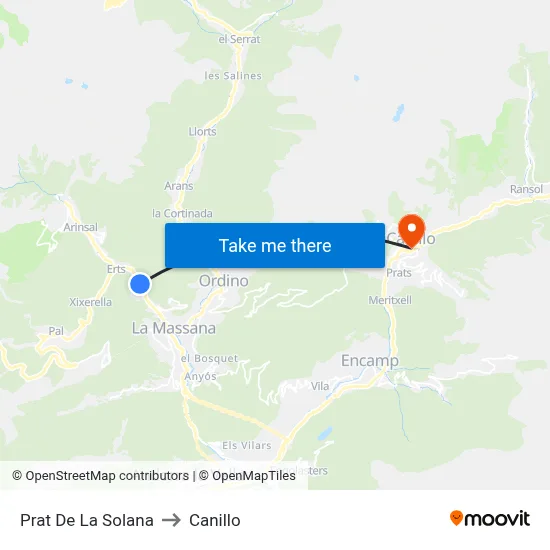Prat De La Solana to Canillo map