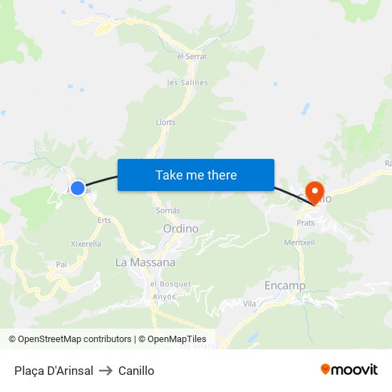Plaça D'Arinsal to Canillo map
