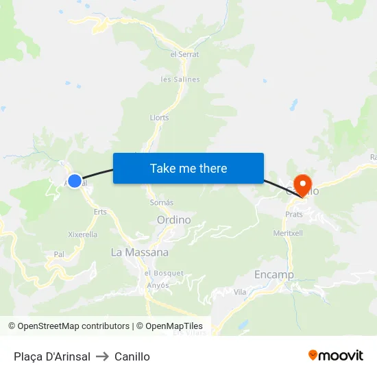 Plaça D'Arinsal to Canillo map