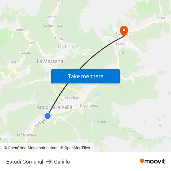 Estadi Comunal to Canillo map