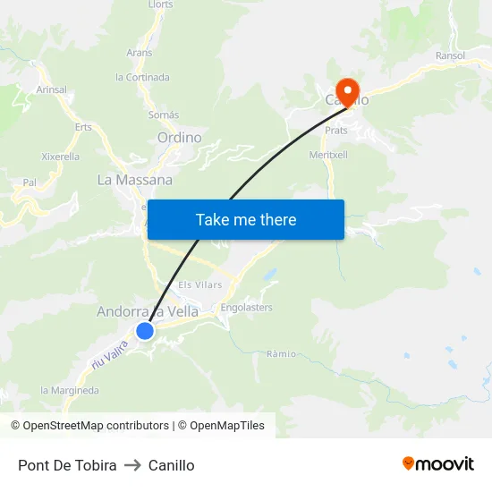 Pont De Tobira to Canillo map