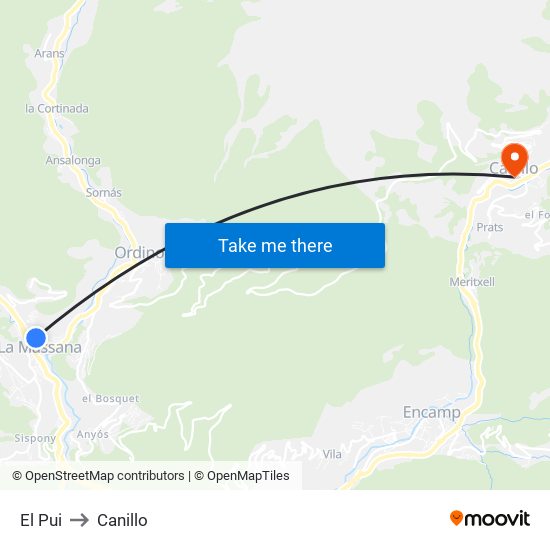 El Pui to Canillo map