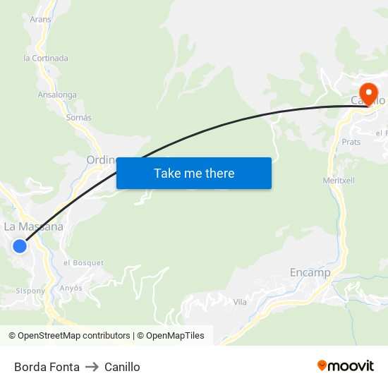 Borda Fonta to Canillo map