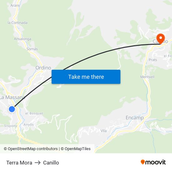 Terra Mora to Canillo map