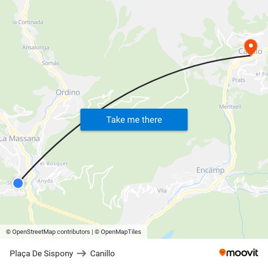 Plaça De Sispony to Canillo map