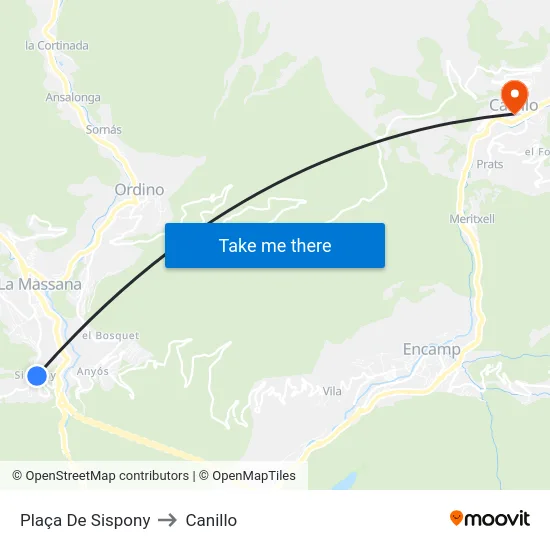Plaça De Sispony to Canillo map