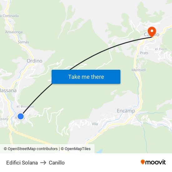 Edifici Solana to Canillo map