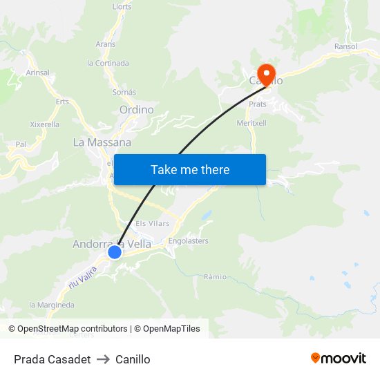 Prada Casadet to Canillo map