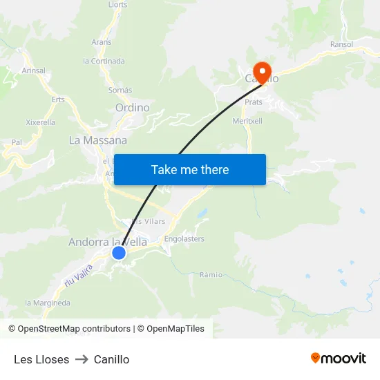 Les Lloses to Canillo map