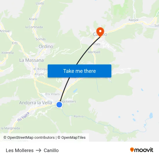 Les Molleres to Canillo map