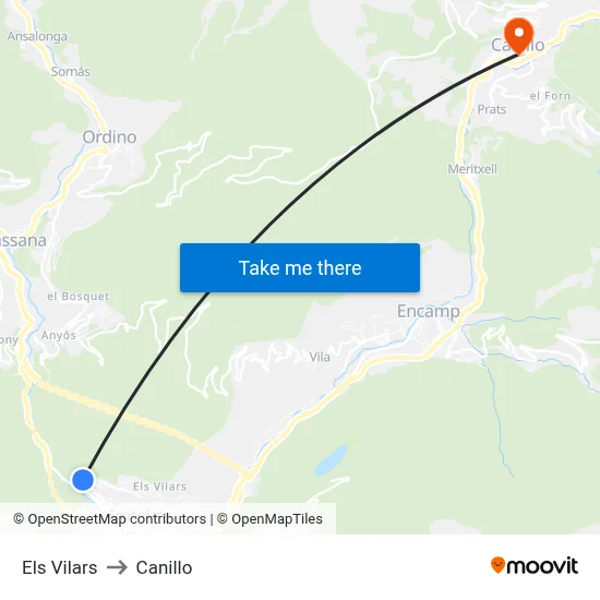 Els Vilars to Canillo map
