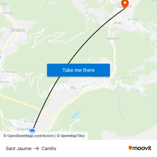 Sant Jaume to Canillo map