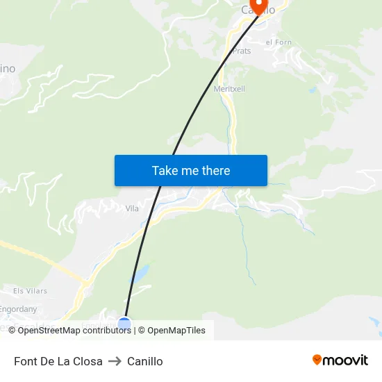 Font De La Closa to Canillo map