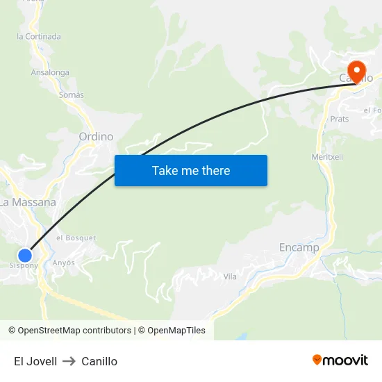 El Jovell to Canillo map