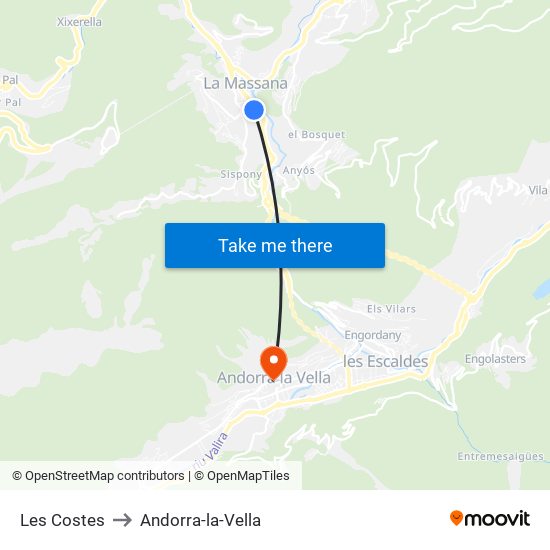 Les Costes to Andorra-la-Vella map