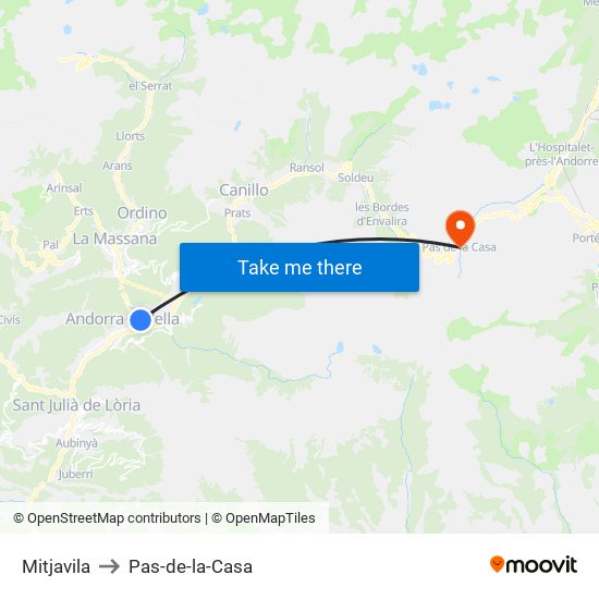 Mitjavila to Pas-de-la-Casa map