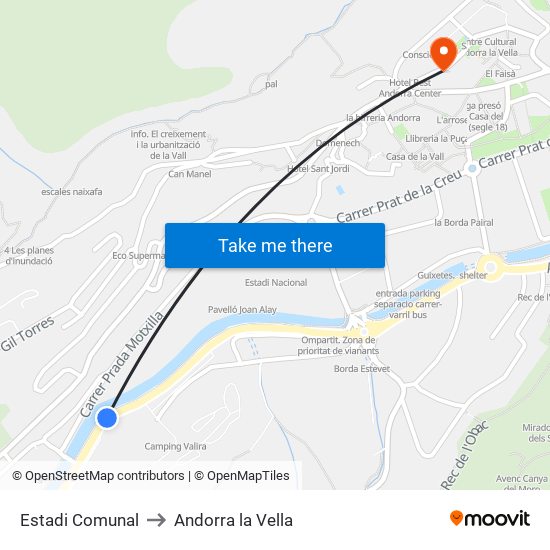 Estadi Comunal to Andorra la Vella map
