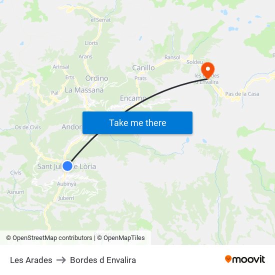 Les Arades to Bordes d Envalira map