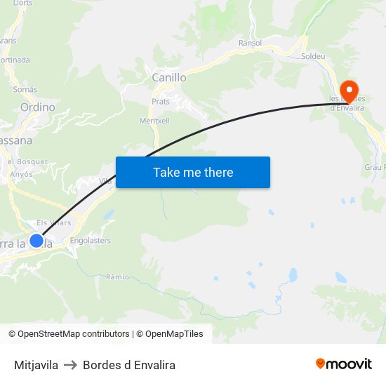 Mitjavila to Bordes d Envalira map
