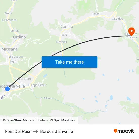 Font Del Puial to Bordes d Envalira map
