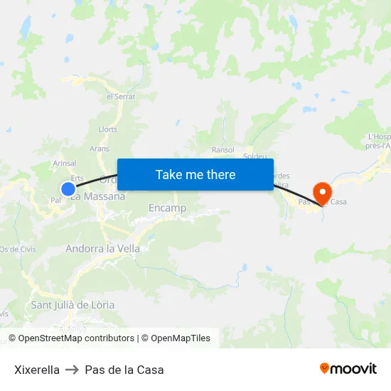Xixerella to Pas de la Casa map