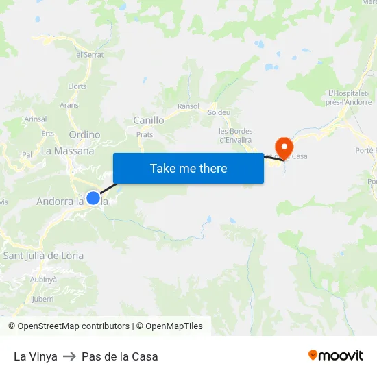 La Vinya to Pas de la Casa map