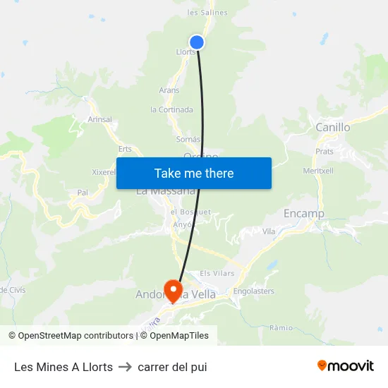 Les Mines A Llorts to carrer del pui map