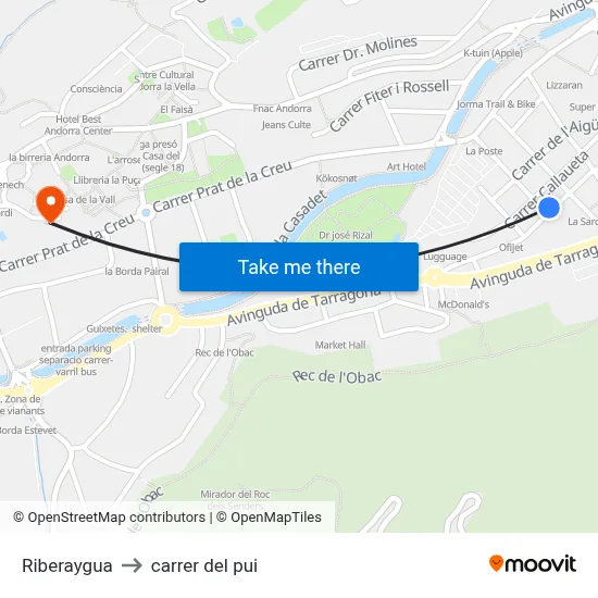Riberaygua to carrer del pui map